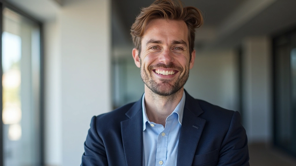 Professionele volwassen man die glimlacht in moderne trainingsomgeving met natuurlijke verlichting en ramen op achtergrond