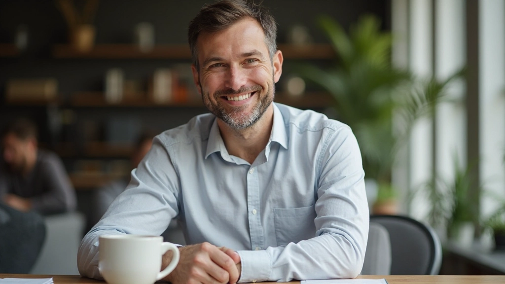 Vriendelijke man met glimlach in lichte kamer, casual gekleed, zittend aan tafel met koffiekopje