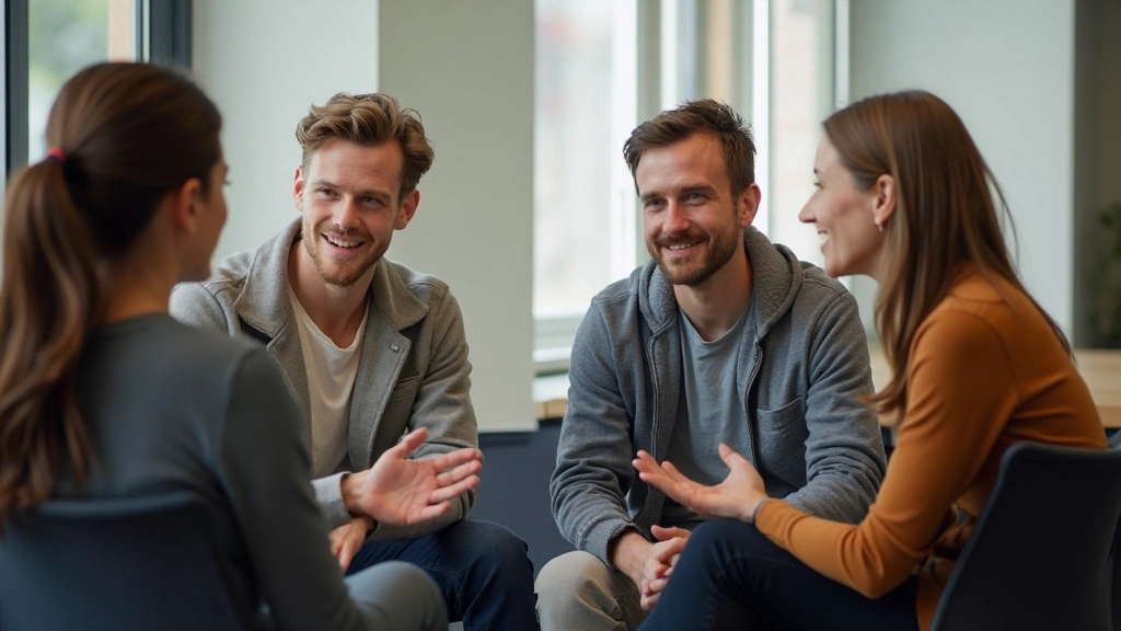Groep volwassenen in conversatieklas, zittend in cirkel, luisterend en lachend terwijl iemand een verhaal vertelt