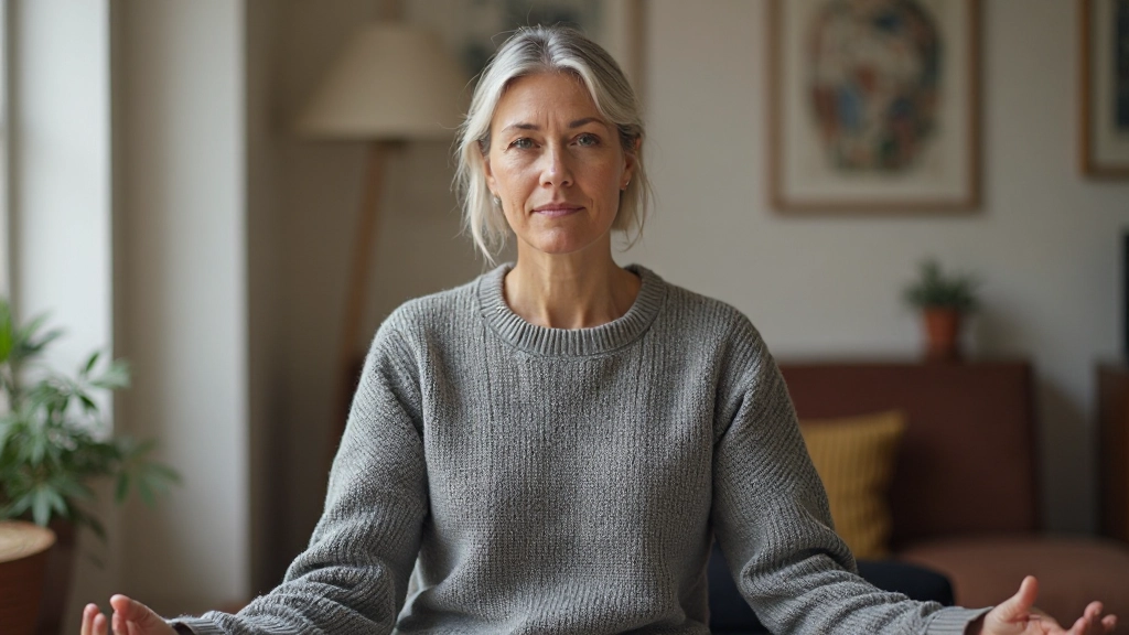 Volwassene zittend in rustige omgeving met gesloten ogen, meditative pose, handen gevouwen, moment van kalmte en concentratie, natuurlijk licht