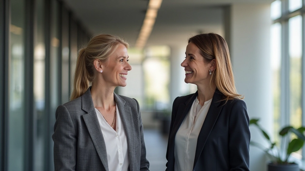 Twee professionele vrouwen, beide volledig gekleed in business attire, staande in modern kantoor en glimlachend naar elkaar in vertrouwenwekkende sfeer