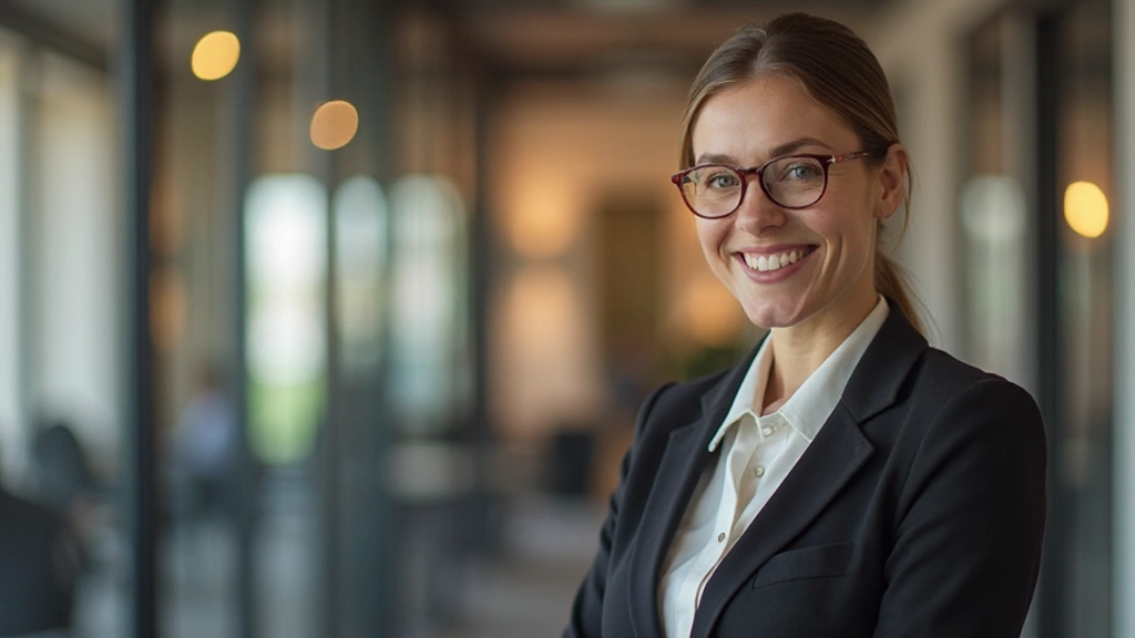 Professionele afbeelding van volwassen vrouw die glimlacht in modern kantooromgeving met natuurlijke verlichting
