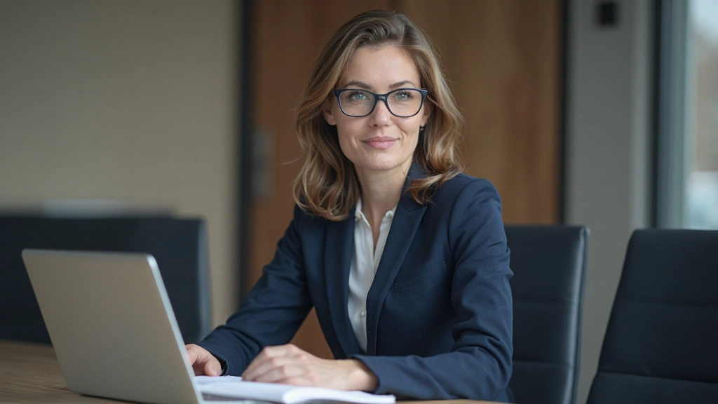 Professionele vrouw met bril, volledig gekleed in marineblauw jasje, zittend in vergaderzaal met laptop en notitieblok, zelfverzekerd