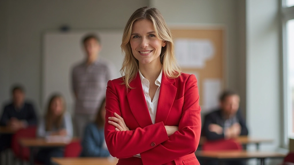 Professionele vrouw met donker haar in rood jasje, staande in moderne trainingsruimte met boeken op achtergrond